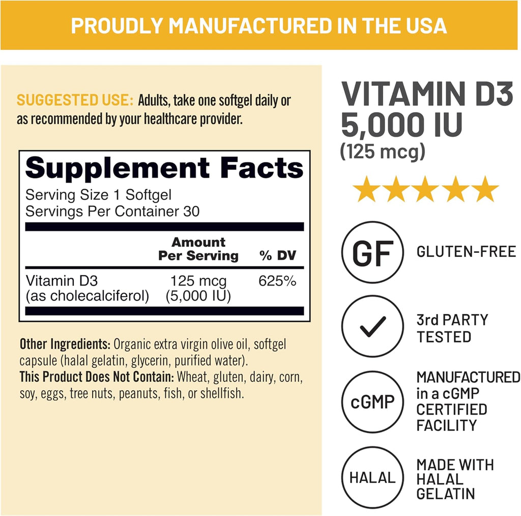 NatureWise Vitamin D3 5000IU Supplement, Bone & Immune Health, 30 Softgels