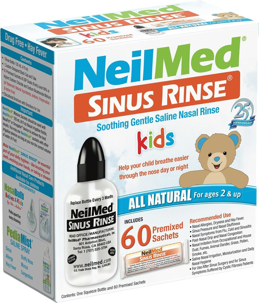 Neilmed's Sinus Rinse, Pediatric, Complete Saline Nasal Rinse Kit 60 Premixed Packets