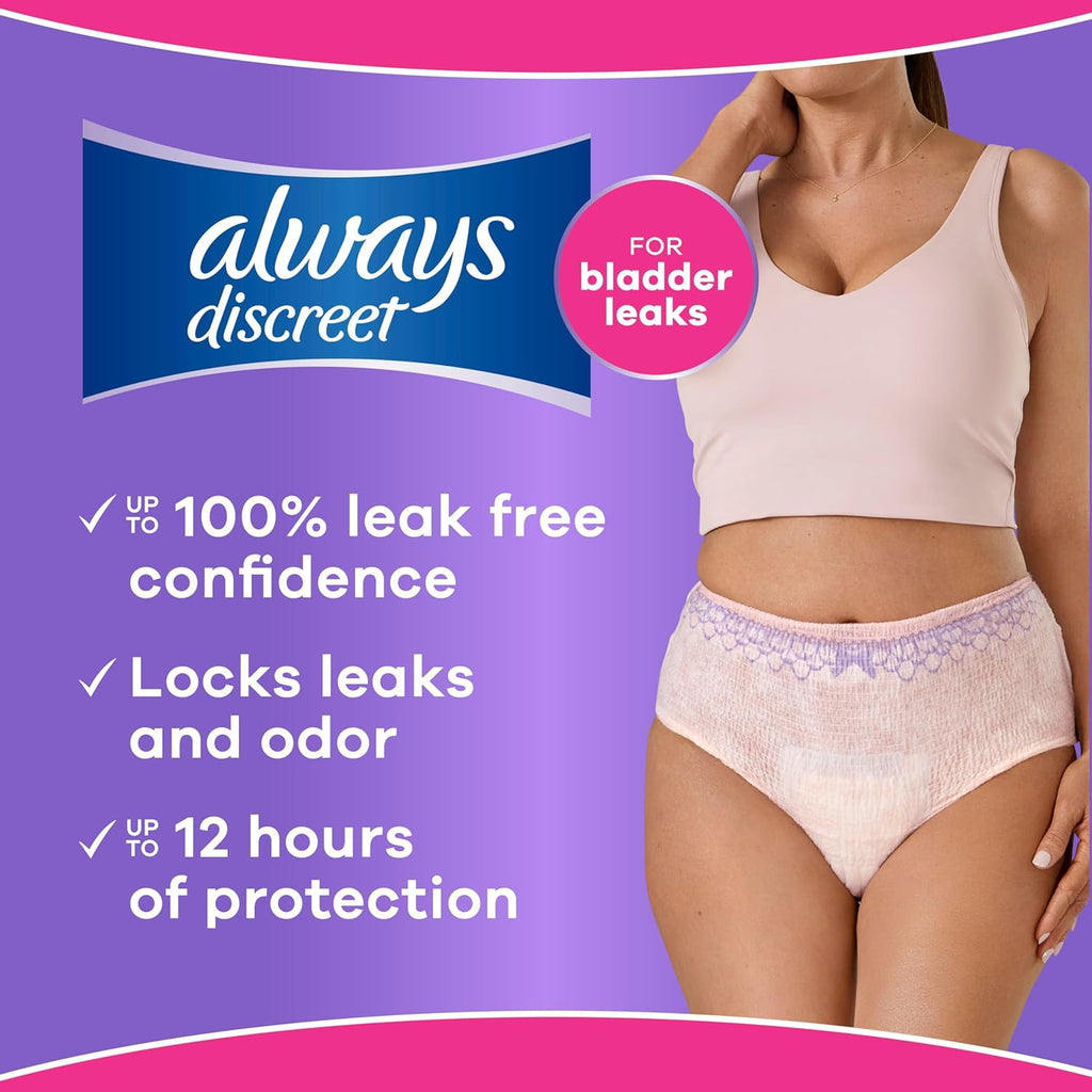Always Discreet Reimagined Adult Diapers for Women, Maximum Absorbency Incontinence and Postpartum Underwear Size 3X+, Up to 100% Leak Free Bladder Leak Protection, 22 Count​