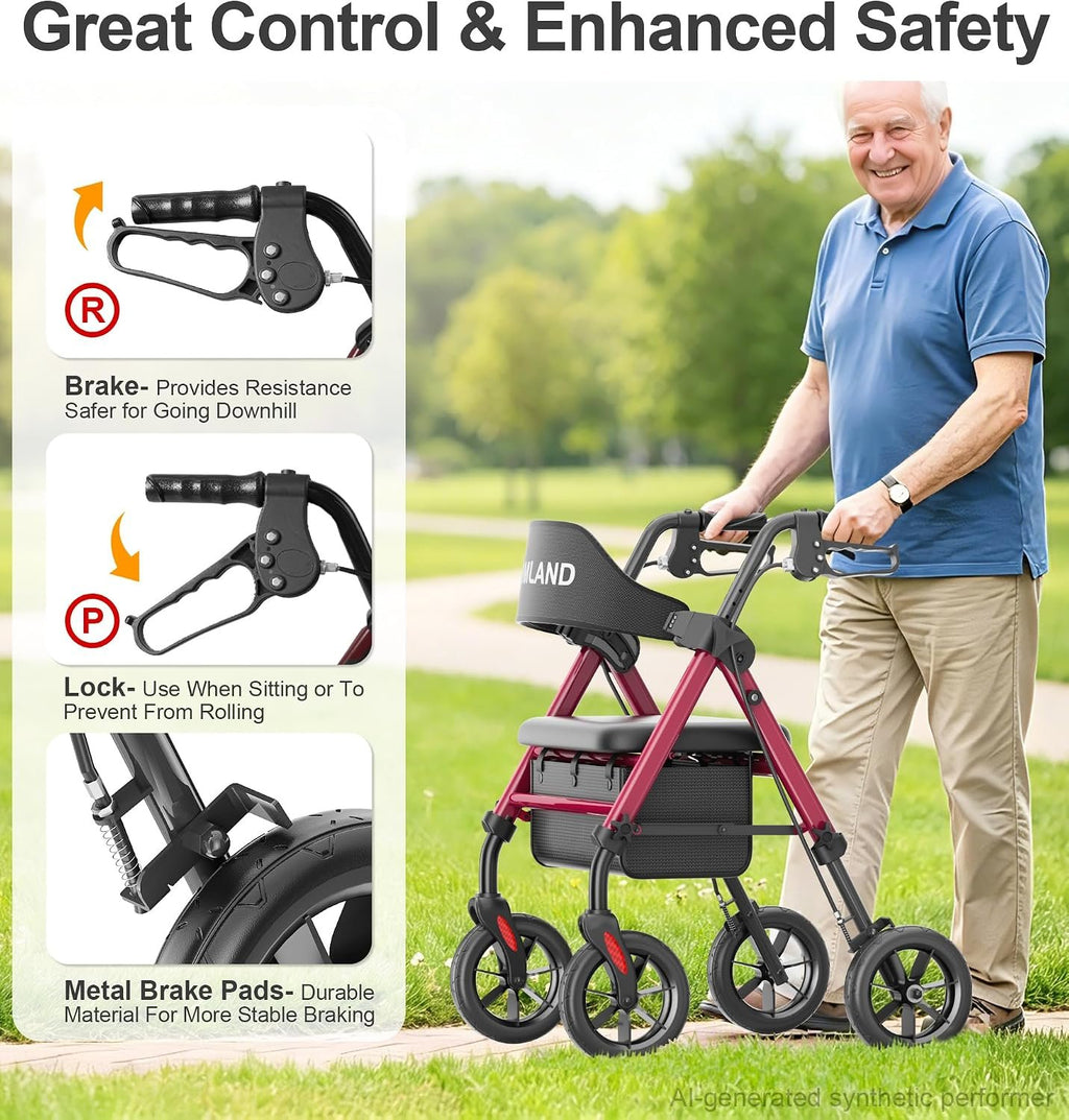 HOMLAND Foldable Rollator Walkers for Seniors with Seat, 17 lb Lightweight | 8" All-Terrain Rubber Wheels, Reinforced Aluminum Frame, Cup Holder, 16'' Enlarged Seat, Height Adjustable, Easy Assembly