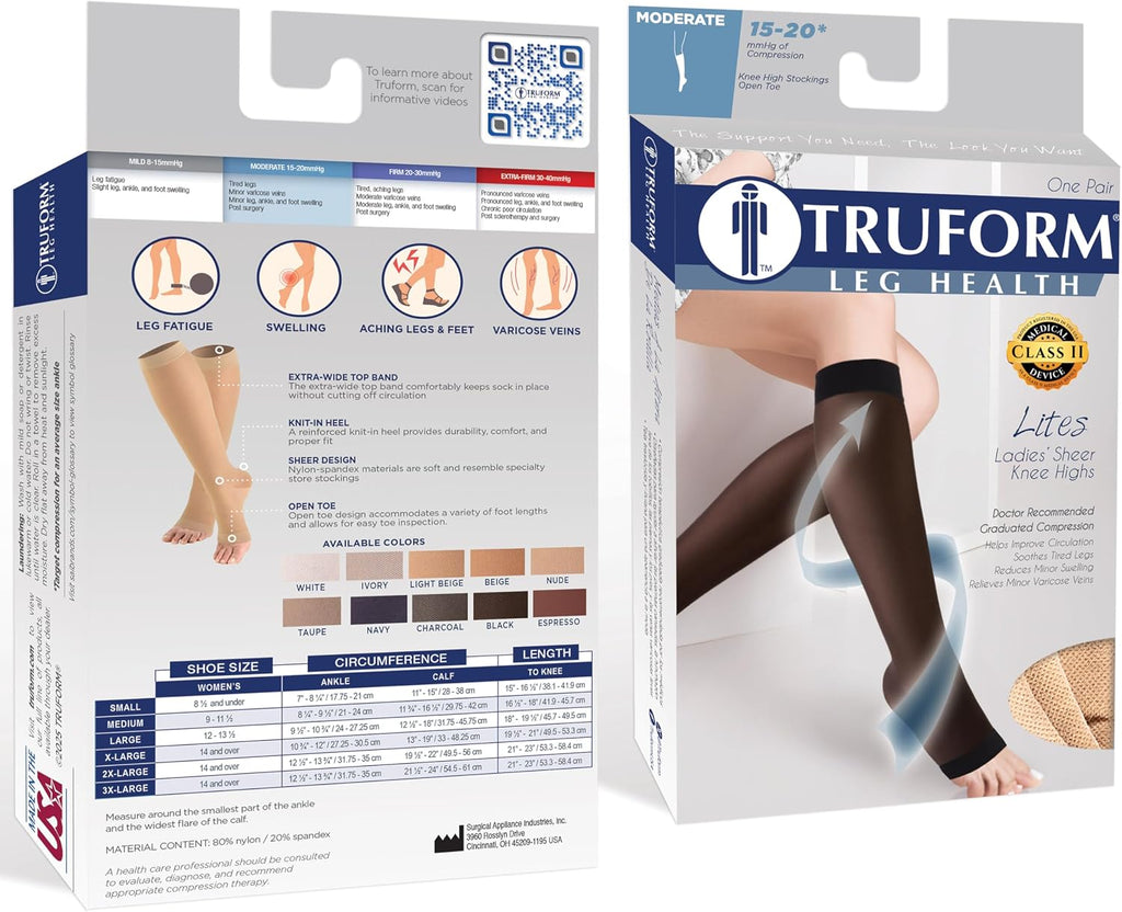 Truform Sheer Compression Stockings, 15-20 mmHg, Women's Knee High Length, Open Toe, 20 Denier, Medium