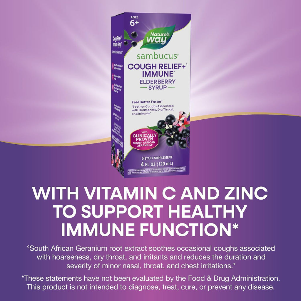 Nature's Way Sambucus Cough Relief +(1) Immune* Syrup, Vegan, 4 fl oz | Feel Better Faster(1) Clinically Proven South African Geranium, with Elderberry Extract, Vitamin C & Zinc