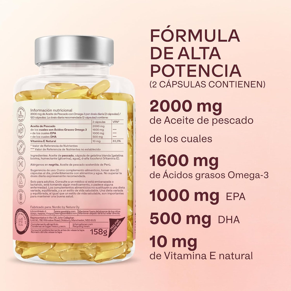 Aavalabs Omega 3 2000mg per daily dose (2 capsules) - 1000mg EPA + 500mg DHA per daily dose - High Potency Fatty Acids - Molecularly Distilled - 120 Capsules - 60 Day Supply