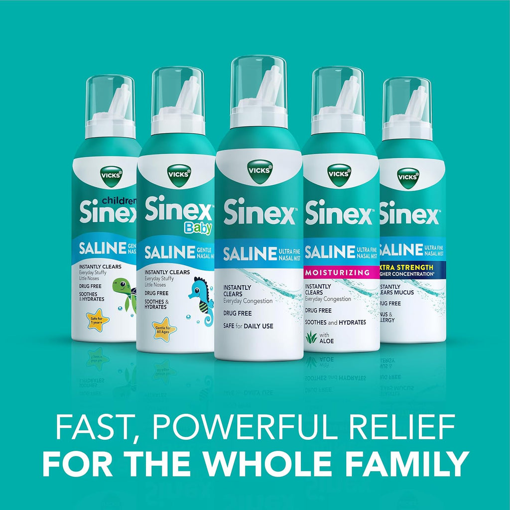 Vicks Sinex SALINE Nasal Spray, Drug Free Ultra Fine Mist, Clear Everyday Sinus Congestion Fast, Clear Mucus from a Cold or Allergy, Daily Use 5.0 fl oz x 2