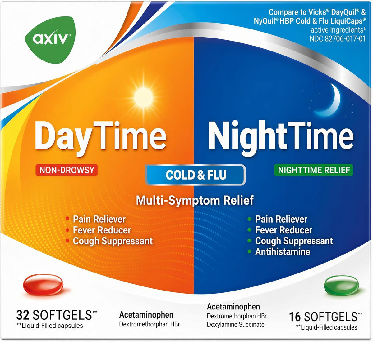 AXIV Day & Night Cold & Flu Medicine Combo Pack Softgels, Daytime & Nighttime Relief for Headache, Fever, Sore Throat, Minor Aches & Pains, & Cough, 48 Softgels