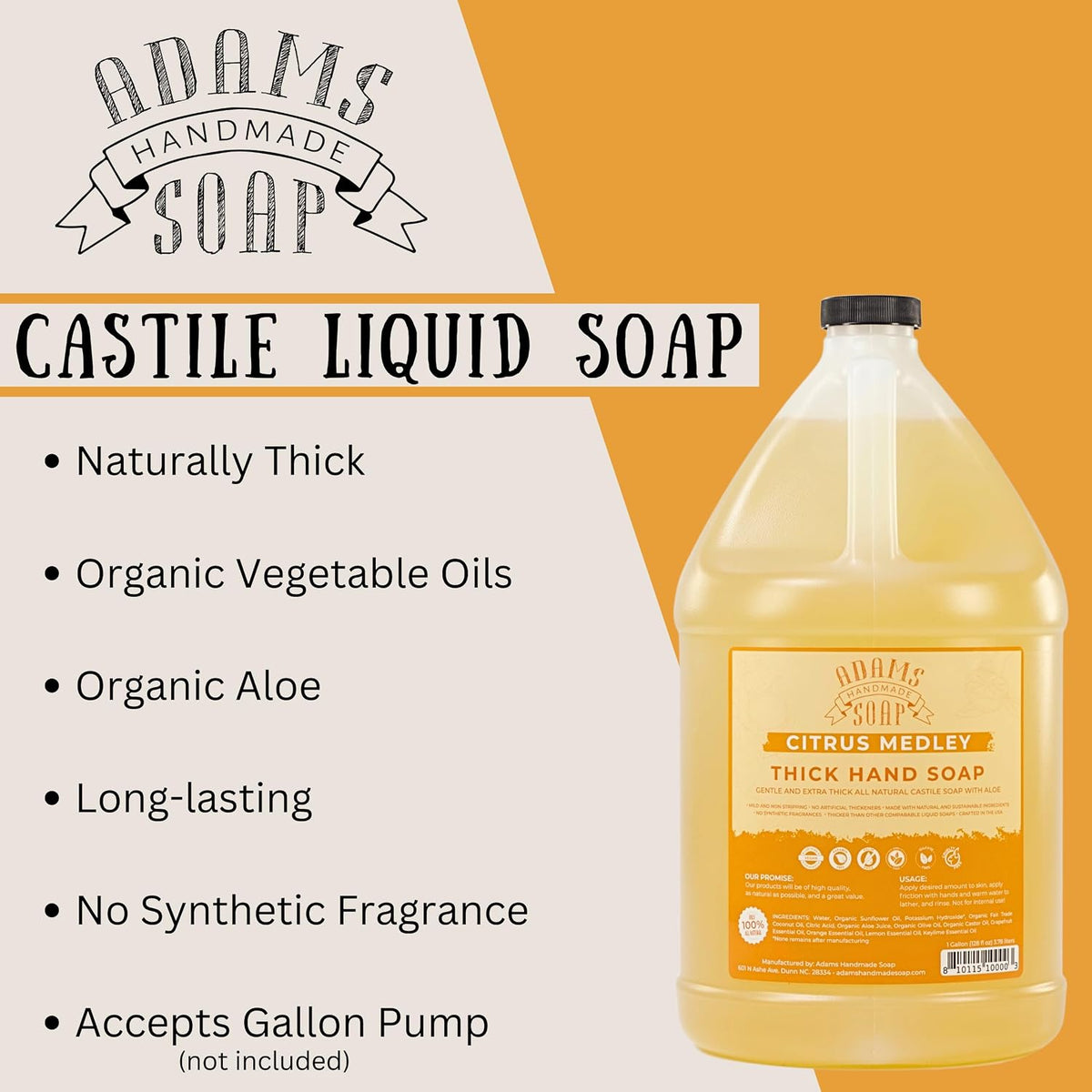 Adams Handmade Soap Thick Organic Castile Liquid Hand Soap 1 Gallon Refill - Citrus Medley