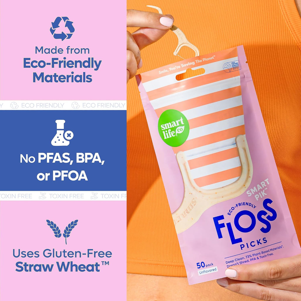 SmartLifeco Eco-Friendly Dental Floss Picks (100ct) - Flossers Made With Straw Wheat Blend, Strong Anti-Shred Thread For Tight Gaps, Tooth Pick Stick For Adults, Soft on Gum & Teeth, Vegan, Unflavored