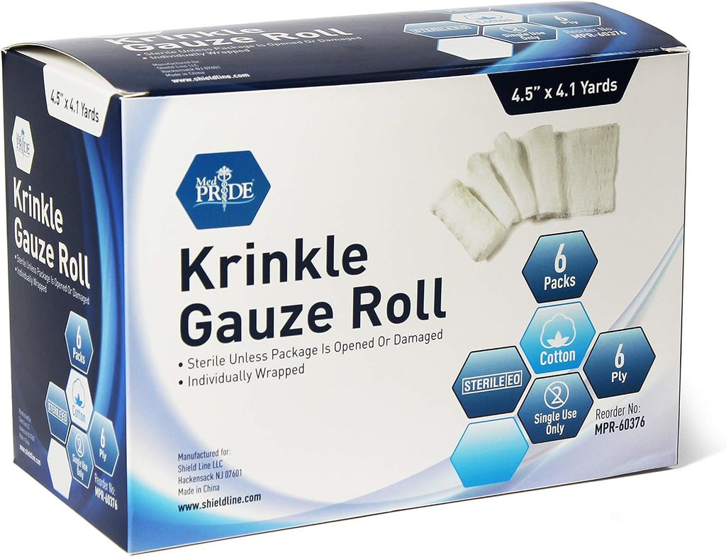 MED PRIDE Sterile Krinkle Gauze Rolls,6-Ply Cotton,4.5 in x 4.1 yd,6-Pack