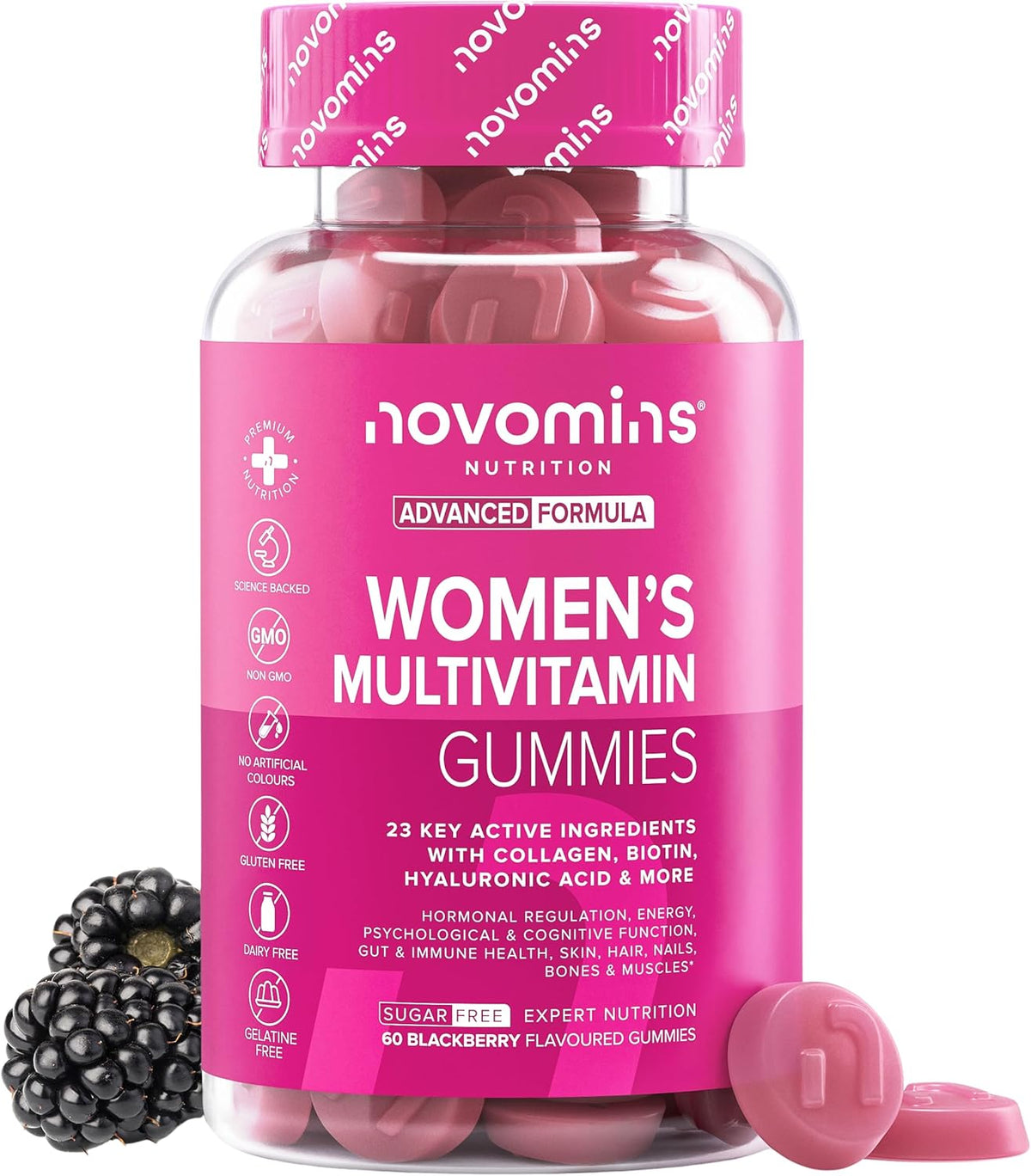 Women's Multivitamins - 60 Gummies with Vitamins for Hair, Marine Collagen and Hyaluronic Acid - Vitamin C, A, D, B, Biotin and Zinc - Multivitamin with Minerals and Probiotics - Novomins