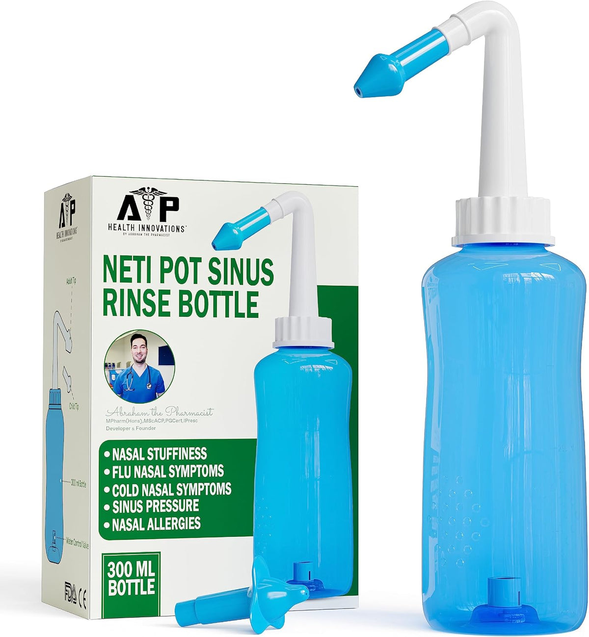 Neti Pot Sinus Rinse Bottle for Natural Sinus Relief - Nose Wash Cleaner Pressure Rinse for Adult & Kid - Nasal Irrigation System by Abraham The Pharmacist