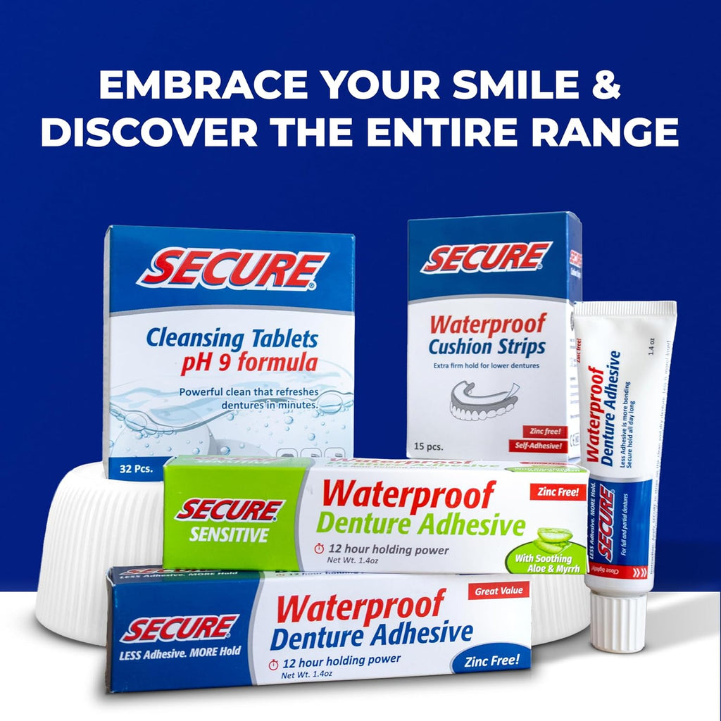 Secure Sensitive Denture Adhesive Cream, Zinc Free Denture Glue, 1.4 oz | Aloe Vera & Myrrh to Nourish Your Gums - Uppers, Lowers & Partials - Waterproof & Zinc Free - Less Adhesive, More Hold