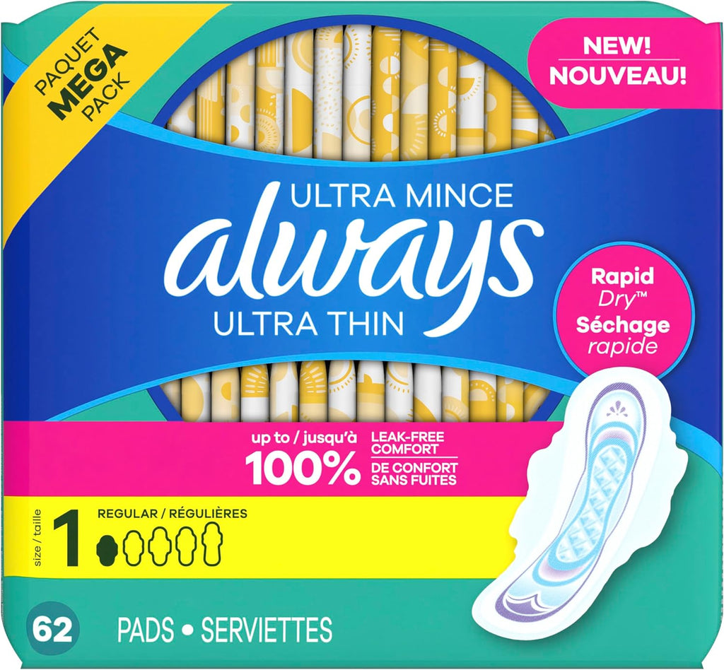 Always Ultra Thin Pads with Wings, Size 1, Regular, 62 Count