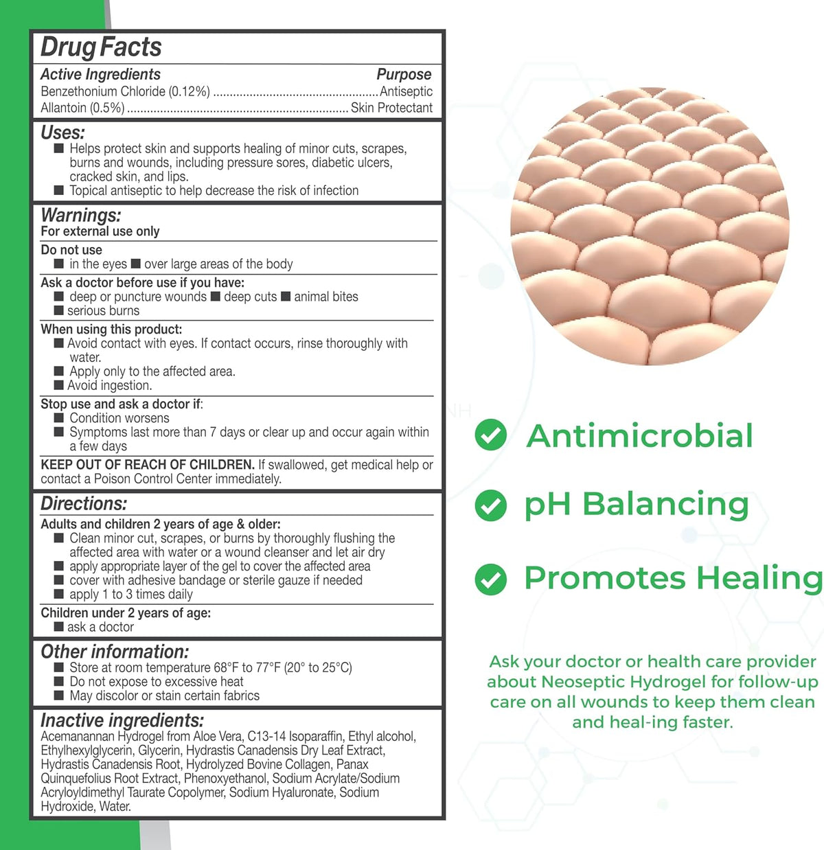 Antiseptic Scar & Wound Care Hydrogel - Repair, Protect Skin and Promote Faster Healing - pH Balanced Pain Relief Wound Gel for Burns and Dry Skin