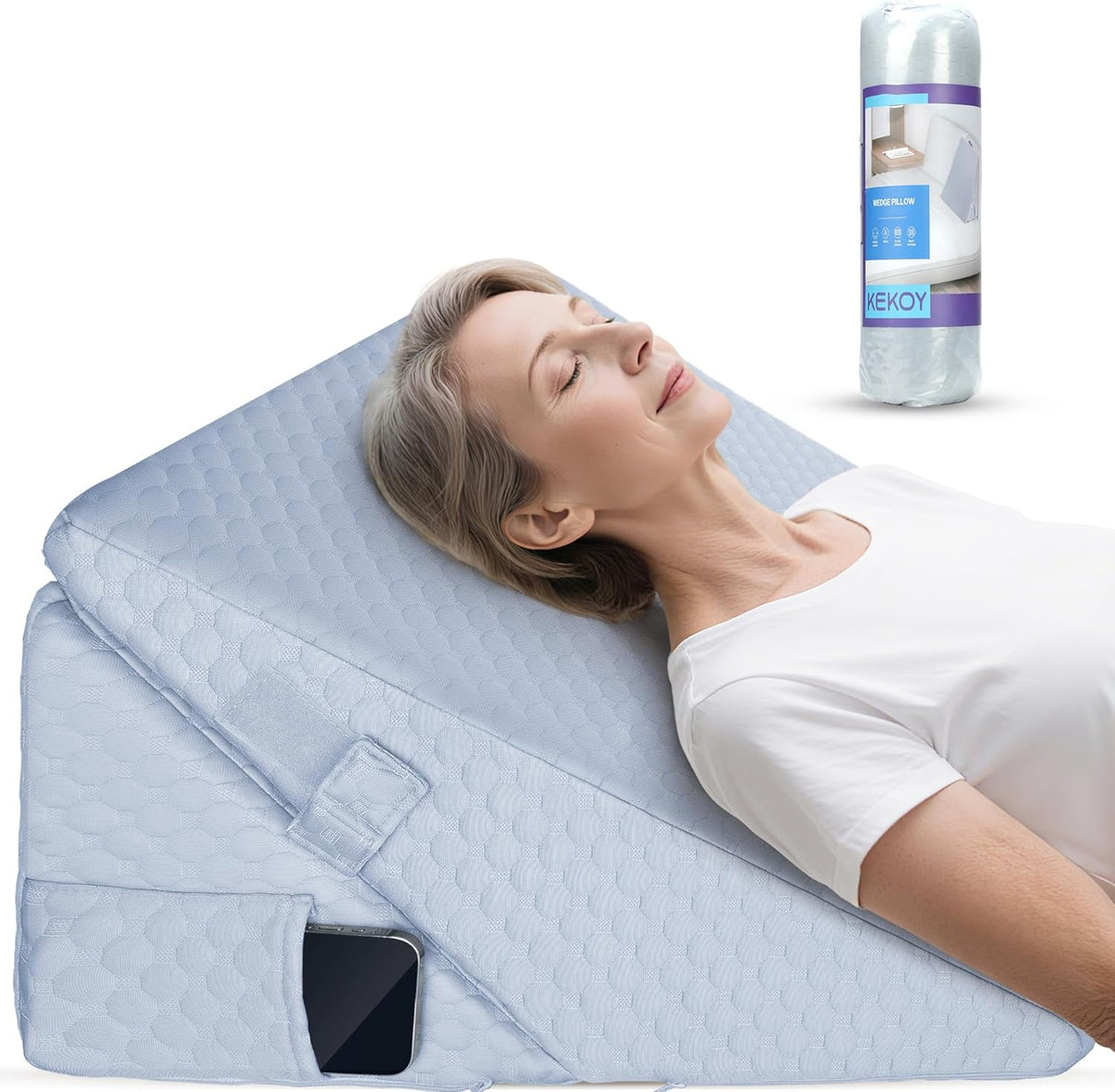 Kekoy Adjustable Adult Anti-Reflux Wedge | Ideal for Sleep Apnea, Acid Reflux, Snoring and Postoperative Recovery | Memory Foam Wedge Pillow, Washable Cover and Handle – Grey