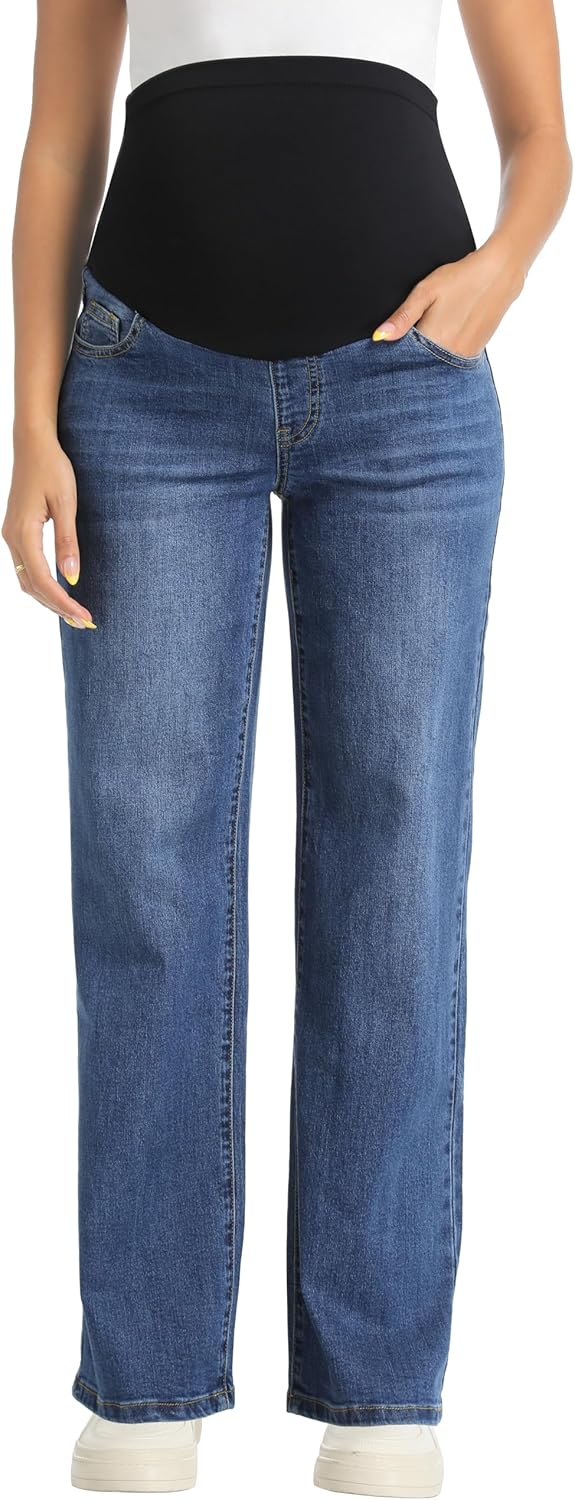 V VOCNI Women's Maternity Jeans Straight Leg Stretchy Pregnancy Jeans Wide Leg Denim Work Pants