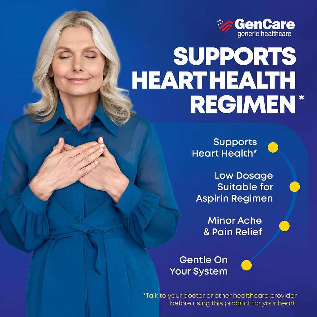 GenCare Low Dose Aspirin 81mg Enteric Coated Tablets, 500 Count | Compares to Bayer; daily low-dose aspirin for heart health, pain & fever relief, baby aspirin