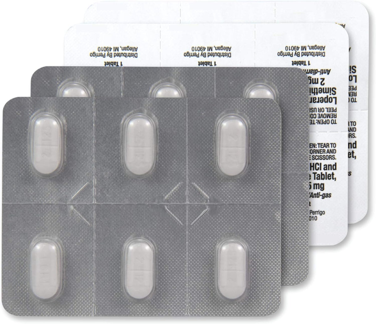Amazon Basic Care Loperamide Hydrochloride 2 mg and Simethicone 125 mg Tablets, Multi-Symptom Relief, Anti-Diarrheal, Bloating and Cramps, Gas Relief, 24 Count