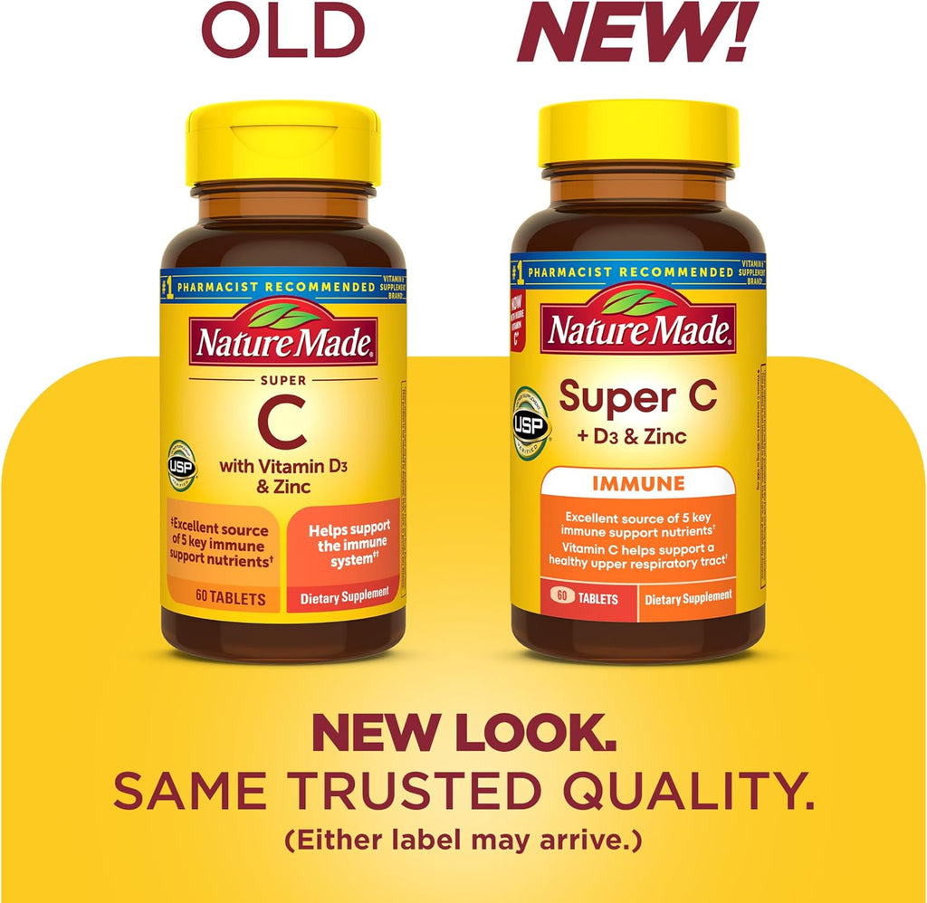 Nature Made Super C Tablets with Vitamin D3 and Zinc, 60 Tablets | Adult Vitamin C Immune Support Supplement, For Daily Immune Support and Antioxidant Support, 60 Day Supply