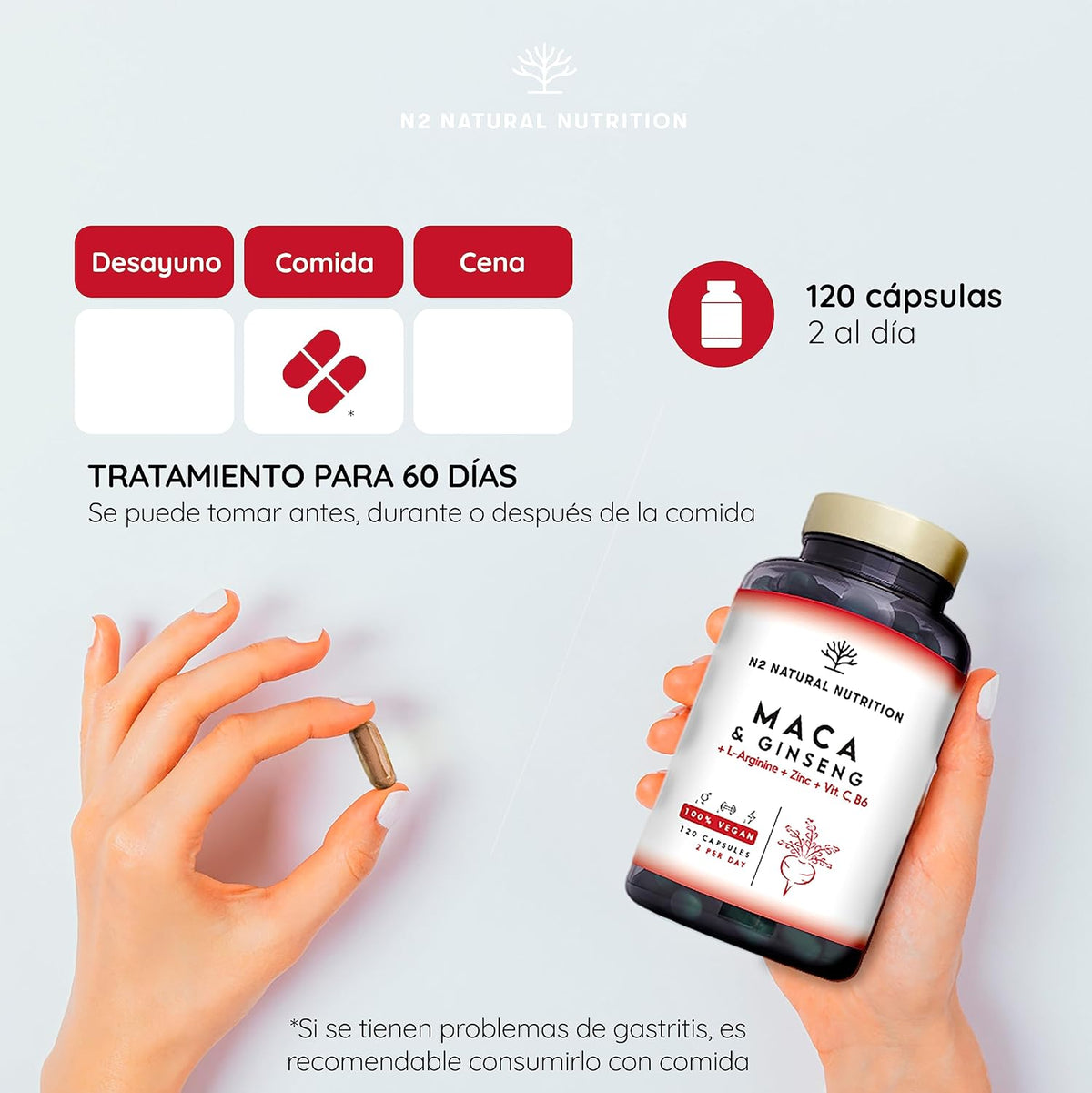 Andean Maca + Gingseng + L Arginine. Triple Energy. Zinc, Vitamin C and B. Sports Performance. Reduces Tiredness and Fatigue. Antioxidant. 120 Capsules, 60 Days. CE. Vegan. N2 Natural Nutrition