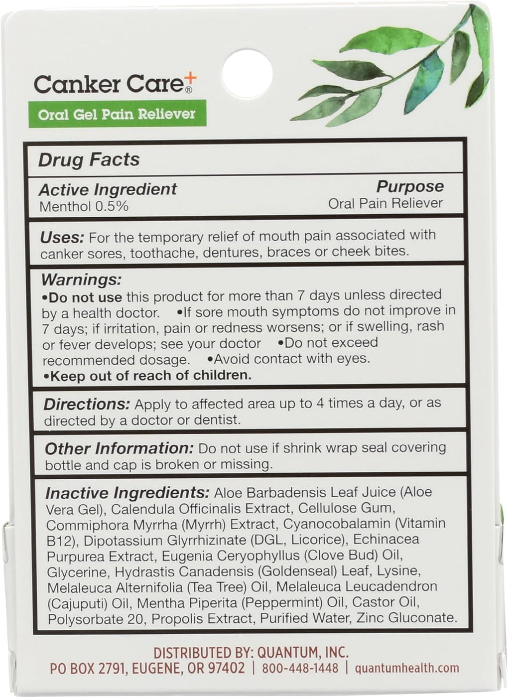 Quantum Health Canker Care+ Oral Gel Pain Reliever, Natural Pain Relief Ingredients Including Menthol, Mint, & Castor Oil, 9.7 mL
