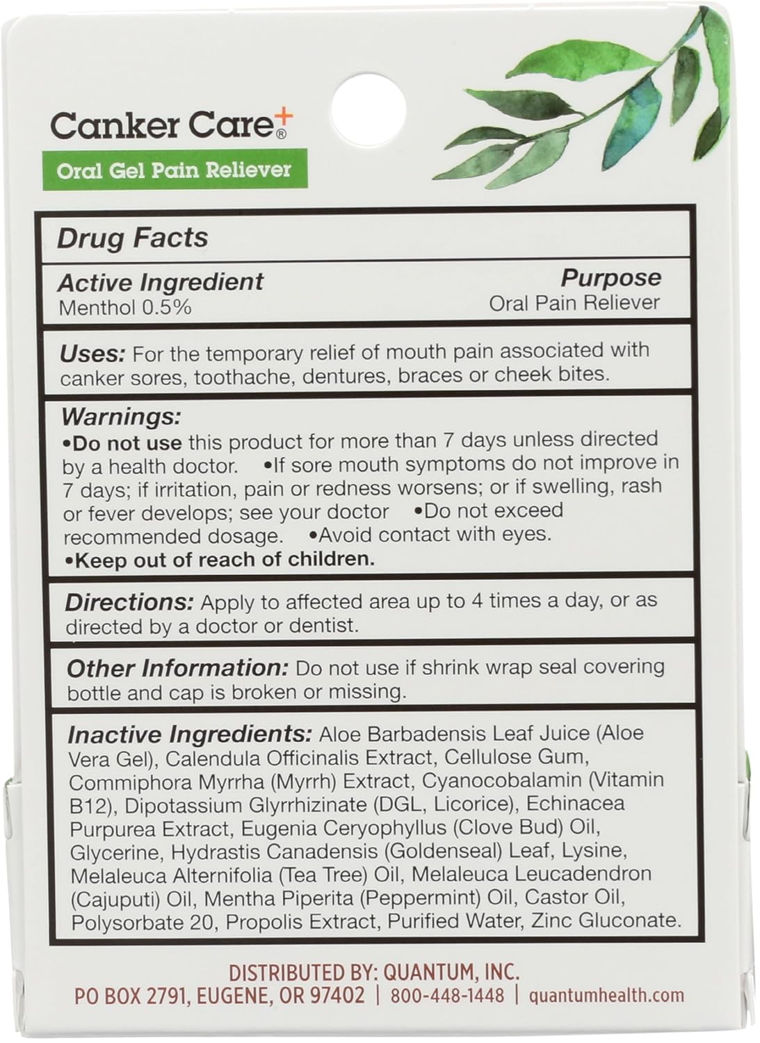 Quantum Health Canker Care+ Oral Gel Pain Reliever, Natural Pain Relief Ingredients Including Menthol, Mint, & Castor Oil, 9.7 mL
