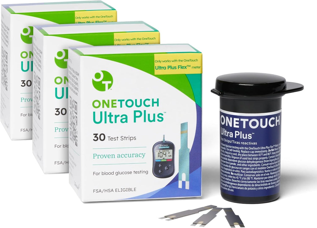 OneTouch Ultra Plus Test Strips for Blood Glucose Meter, 30 Count, 3 Pack | Diabetic Test Strips with 5-Second Results & Small Blood Samples for the OneTouch Ultra Plus Flex Meter