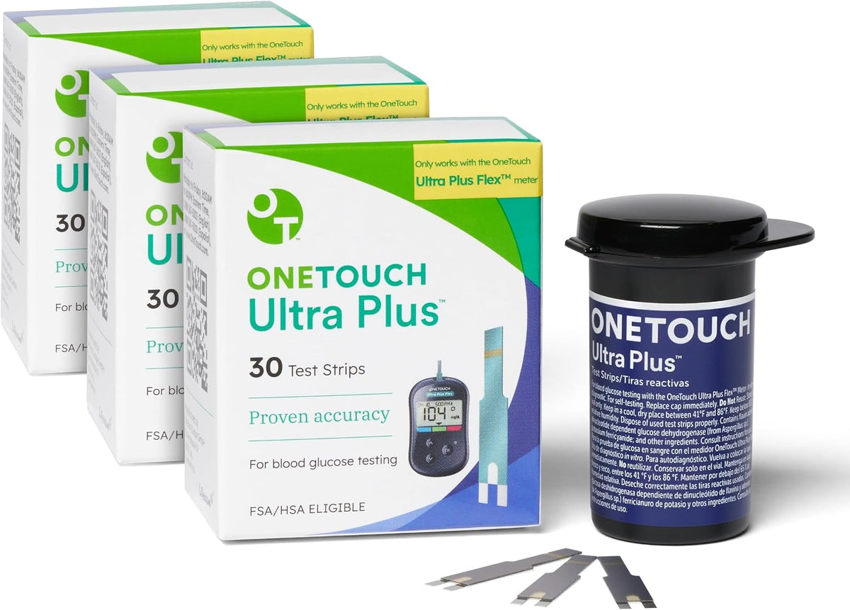 OneTouch Ultra Plus Test Strips for Blood Glucose Meter, 30 Count, 3 Pack | Diabetic Test Strips with 5-Second Results & Small Blood Samples for the OneTouch Ultra Plus Flex Meter