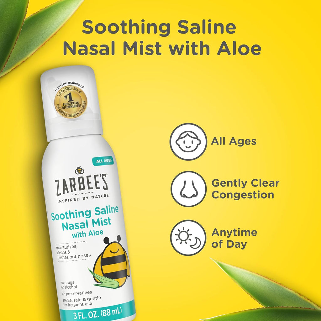 Zarbee's Soothing Saline Nasal Mist with Aloe, 3 fl oz | For Ages 0+ Months, Saline Spray, Clears Out & Moisturizes Noses, Loosens Mucus, Clears Nasal Passageways, Drug-Free