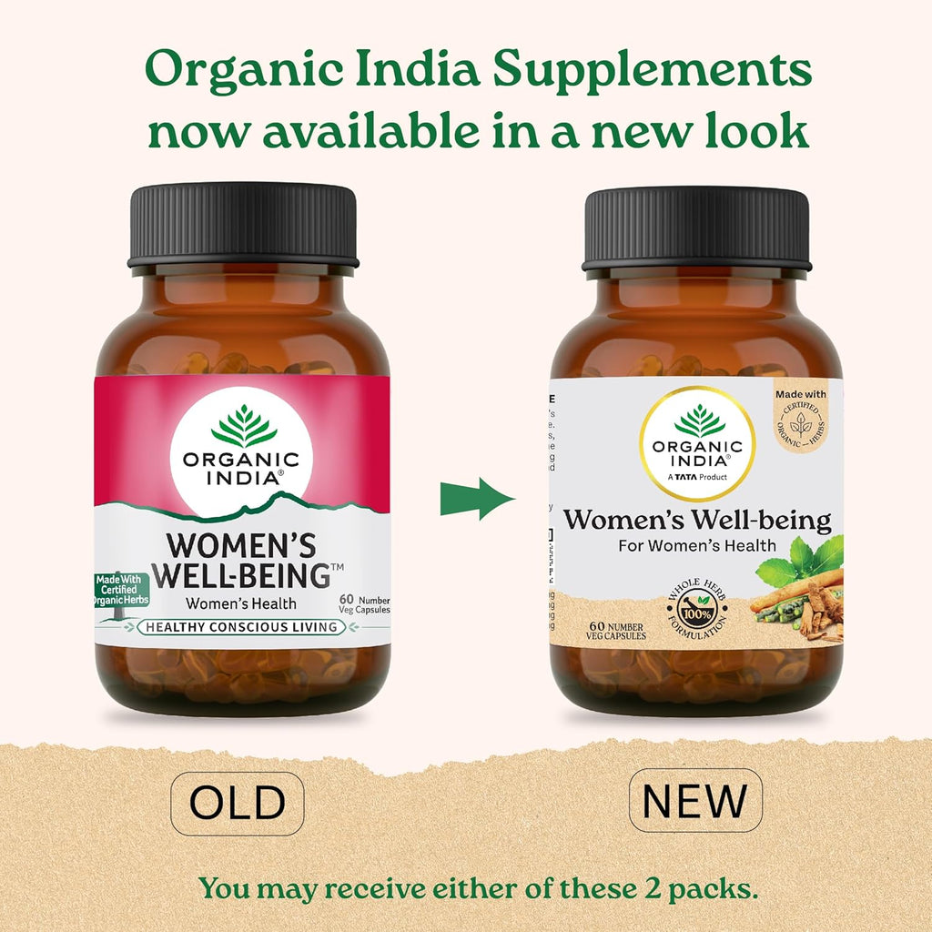 A TATA Product - Organic India Women's Well Being - 60 Veg Capsules, Plant Based Estrogens, Boosts Health & Vitality For Women Of All Ages & Restore Hormonal Balance, GMP & NPOP Certified Organic