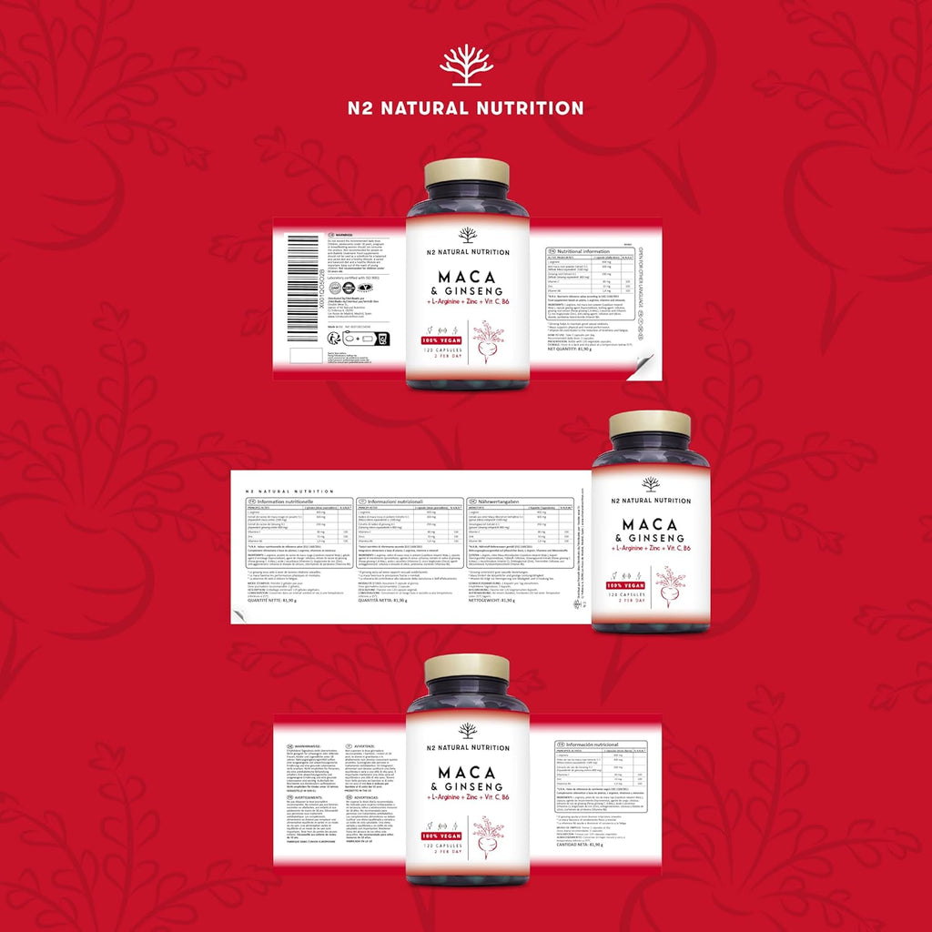 Andean Maca + Gingseng + L Arginine. Triple Energy. Zinc, Vitamin C and B. Sports Performance. Reduces Tiredness and Fatigue. Antioxidant. 120 Capsules, 60 Days. CE. Vegan. N2 Natural Nutrition