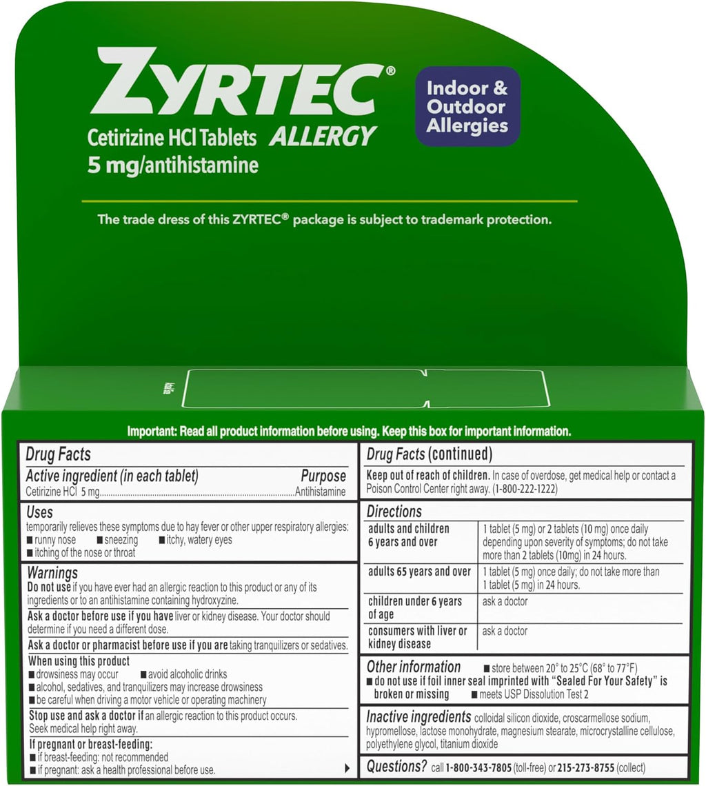Zyrtec 24-Hour Allergy Relief Tablets, 5 mg Cetirizine HCl, 35 ct | Indoor & Outdoor Adult Allergy Medicine, Low Dose, Relief from Runny Nose, Sneezing, Itchy Eyes, plus Dust Mold & Pet Dander