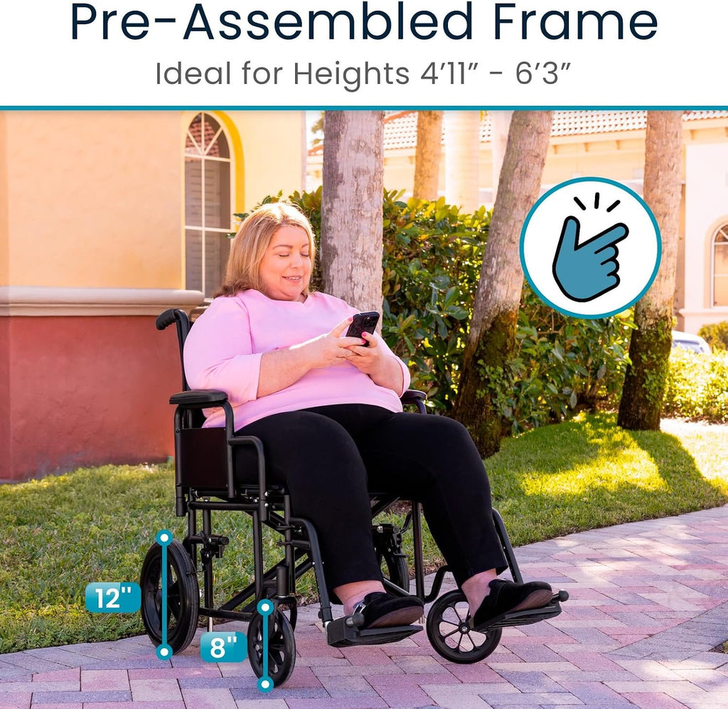 Vive Mobility Bariatric Transport Wheelchair for Adults - Supports 450lbs | Foldable, Heavy Duty Travel Wheel Chair - Portable, Transfer Aid with Swing Away Footrests & 22 Inch Wide Seat