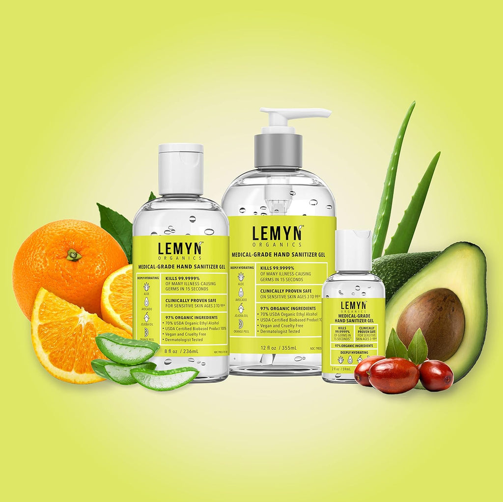 Lemyn Organics Orange Aloe Moisturizing Hand Sanitizer Gel 8oz Pump | Hand sanitizer pump, medical grade, moisturizing, orange scented gel, no drying, non-sticky, made fresh in USA