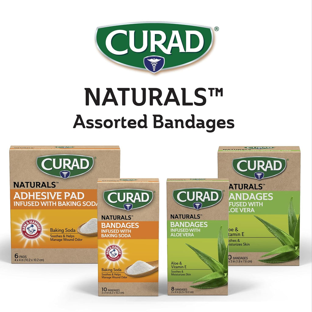 CURAD Naturals Aloe Vera & Vitamin E Bandages 2" x 4", Individually Wrapped Sterile Bandages, First Aid Kit Essential, Protects Scrapes and Cuts, Absorbent and Self-Adhesive, 8 - Count Box