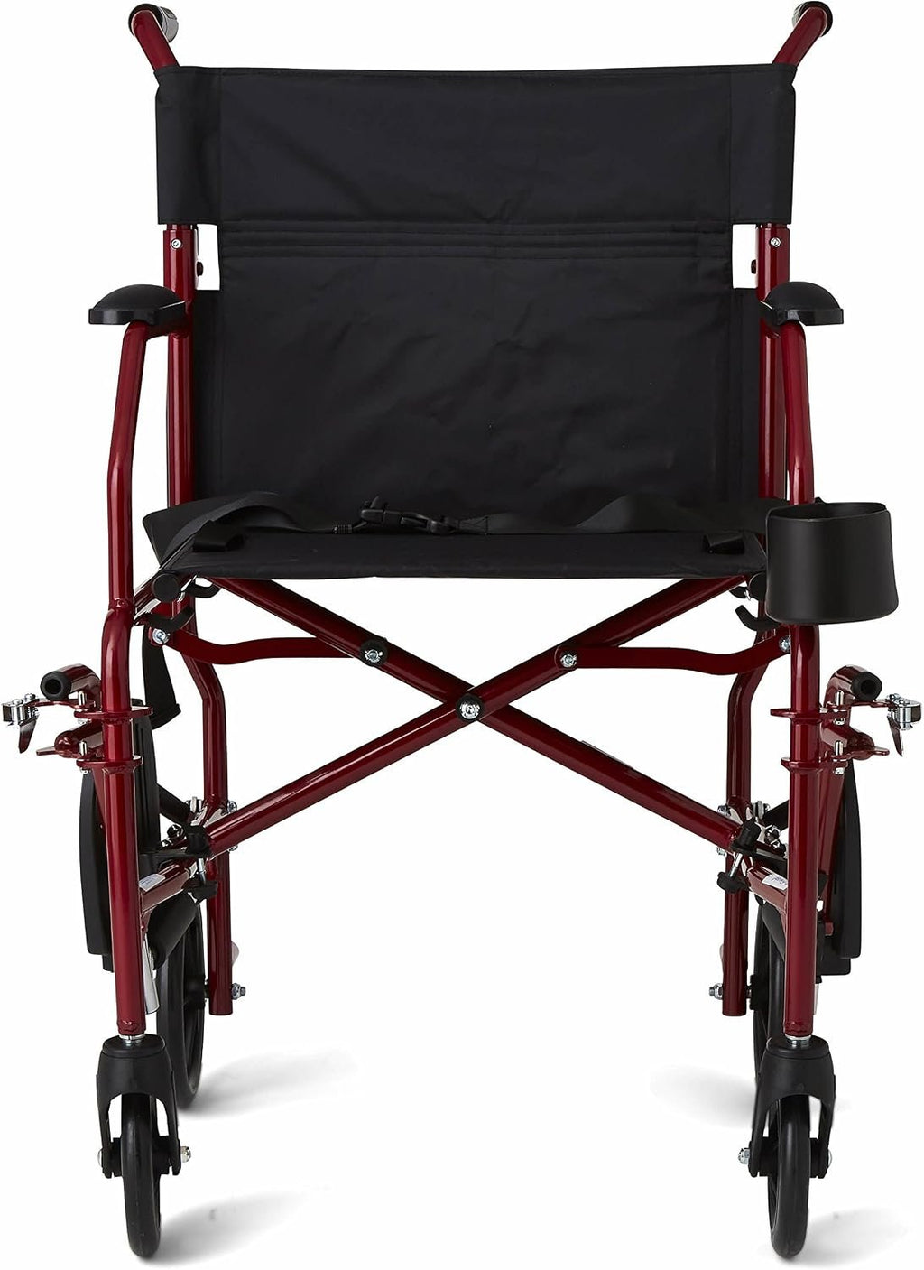 Medline Ultra Lightweight Transport Wheelchair for Adults, Foldable, 19-Inch Seat Width, Red Frame, Black Upholstery