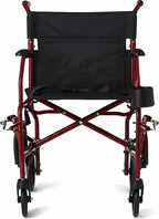 Medline Ultra Lightweight Transport Wheelchair for Adults, Foldable, 19-Inch Seat Width, Red Frame, Black Upholstery