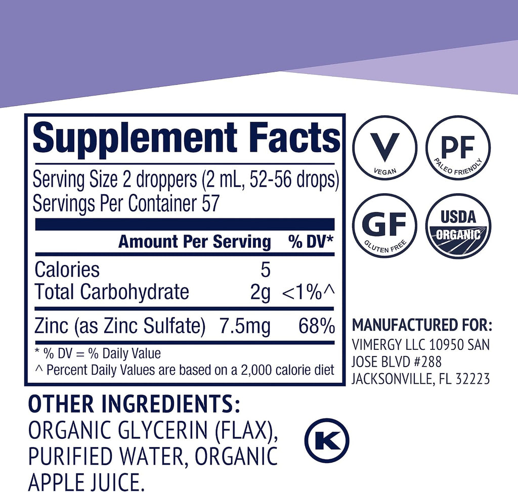 VIMERGY Liquid Zinc 7.5mg, Organic Immune Support, 115 mL, 57 Servings | Supports Resilient Immune Health*, Nourishes Healthy Bones and muscles*, Promotes Healthy Hair, Skin, and Nails*, Vegan"