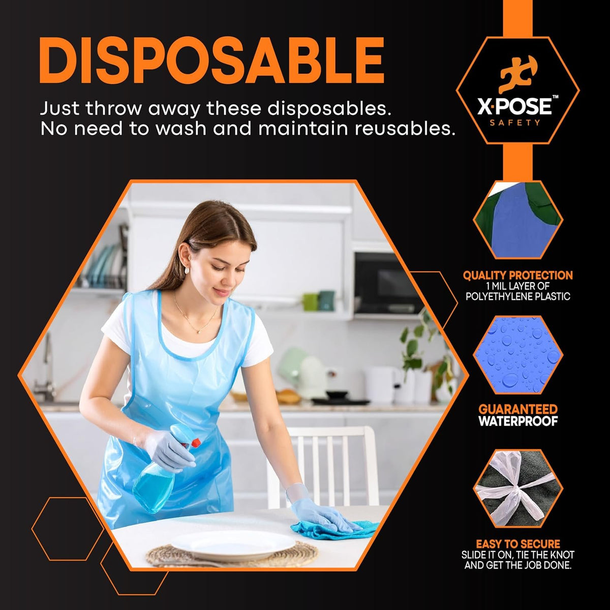 Xpose Safety 1000 Pack Blue Plastic Disposable Bulk Aprons, Individually Wrapped Waterproof Polyethylene Aprons for Cooking, Food Prep & Cleaning, 1 Mil Plastic, 24" x 48"