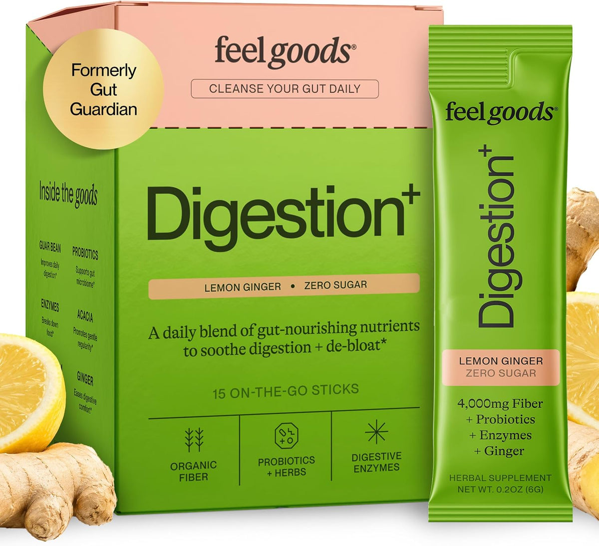 Feel Goods Digestion+ Gut Health Organic Fiber & Probiotic Powder Drink Mix | Digestive Enzymes, Digestion Plus, Bloating Relief, Gut Cleanse, Gut Guardian - Zero Sugar, 15 Stick Packets