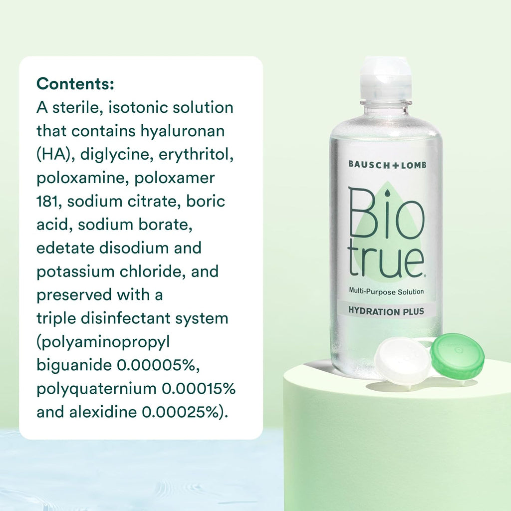 Biotrue Hydration Plus Multi-Purpose Contact Lens Solution, 10 oz 2 Pack | Includes 2 x 10 oz bottles + lens cases, hyaluronic acid formula, cleans, disinfects, all-day comfort