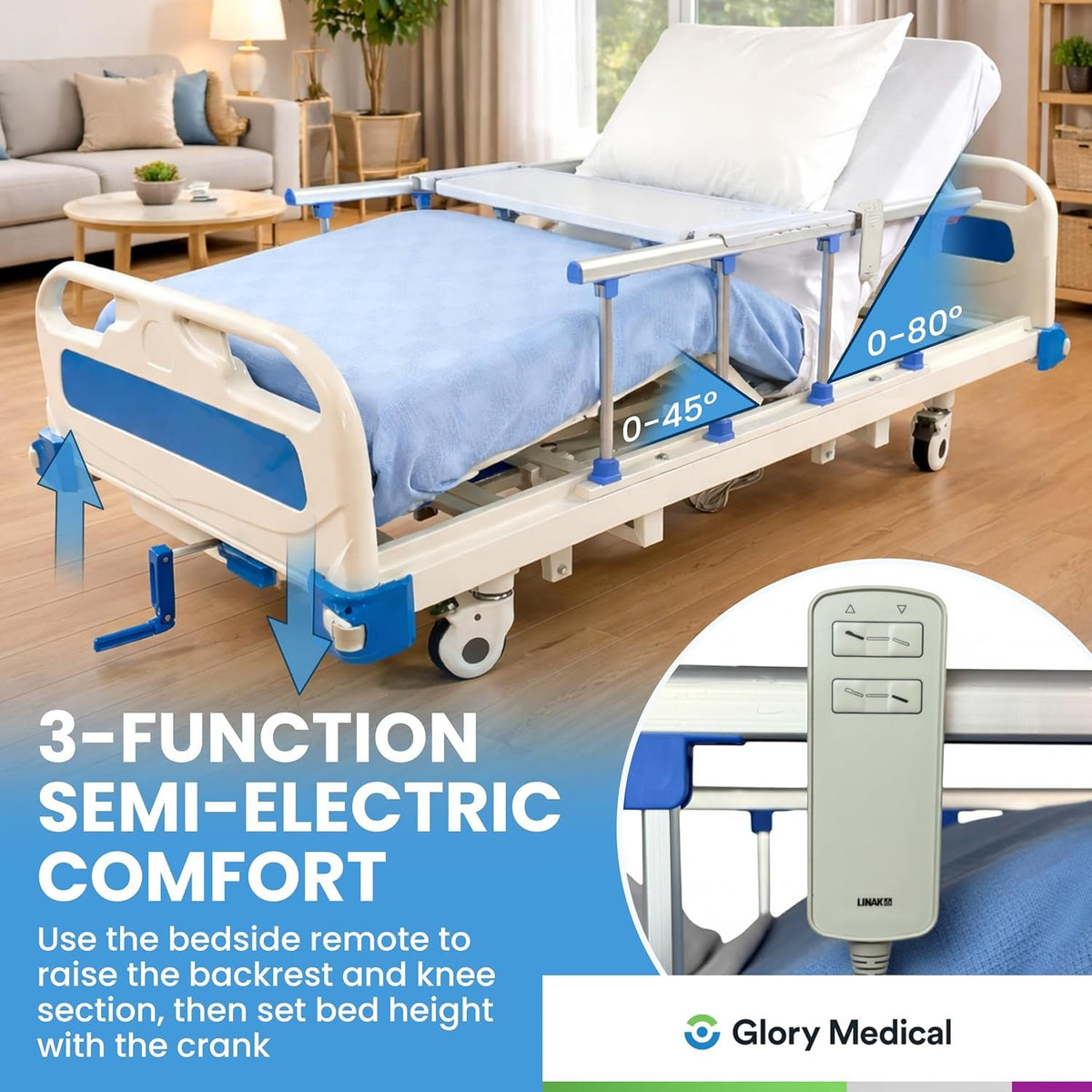 GloryMEQ Point A Tech PAM‑3SE Semi‑Electric Hospital Bed – 3‑Function Adjustable Home‑Care Bed with Bedside Controls, Locking Casters & Safety Rails, Includes Foam Mattress, Bed Tray & 2 Sheets