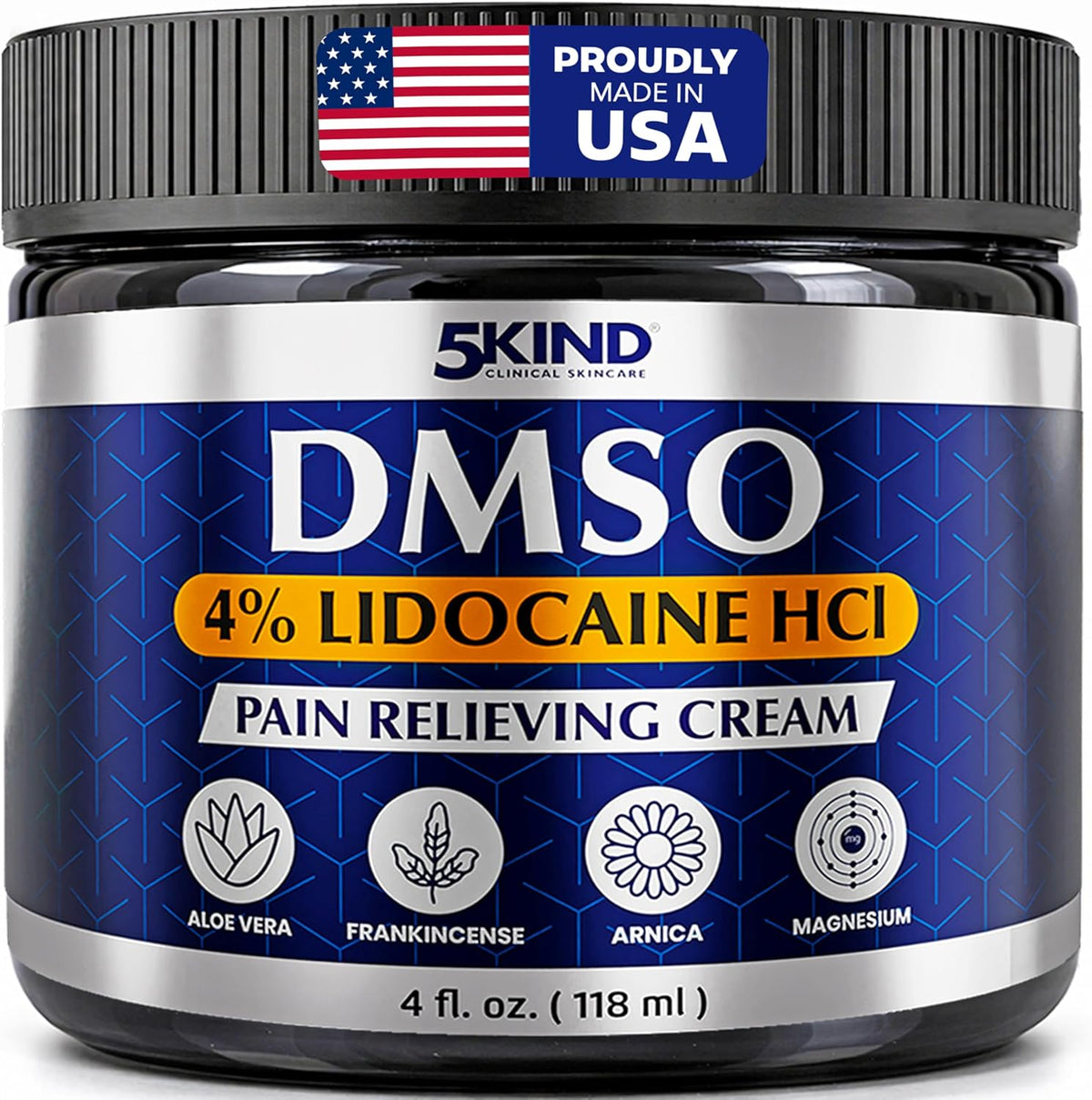 5Kind DMSO Cream with Lidocaine for Pain Relief 4 fl oz - 99.9% Pure DMSO Pharmaceutical Grade Cream - Lidocaine Cream with Aloe Vera, Magnesium, Arnica & Menthol - Registered NDC - Made in USA