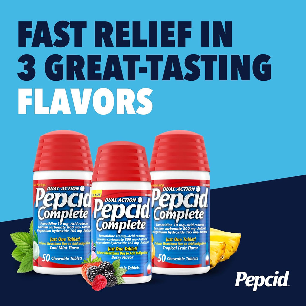 Pepcid Complete Acid Reducer + Antacid Chews, 10mg Famotidine, Berry, 70 Ct | Heartburn Relief, OTC, 800mg Calcium Carbonate, 165mg Magnesium Hydroxide, 10 mg Famotidine, For Acid Reflux, Fast-Acting