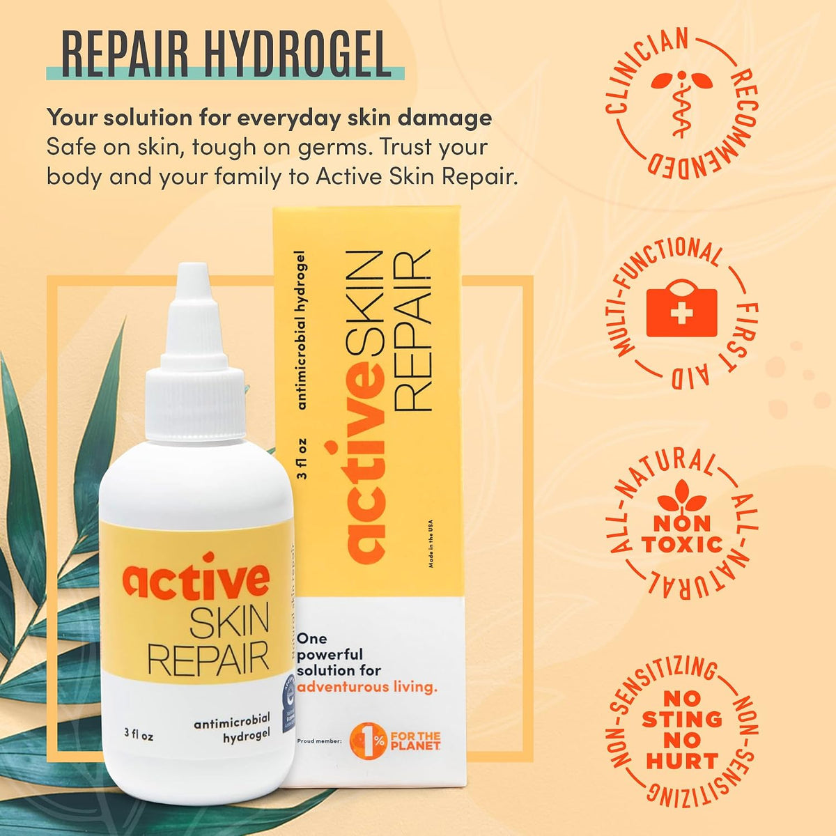 Active Skin Repair First Aid Hydrogel with Medical Grade Hypochlorous, 3 oz | Natural and non-toxic, hypochlorous acid, no-sting formula, minor cuts, scrapes, rashes, sunburns, repairing ointment