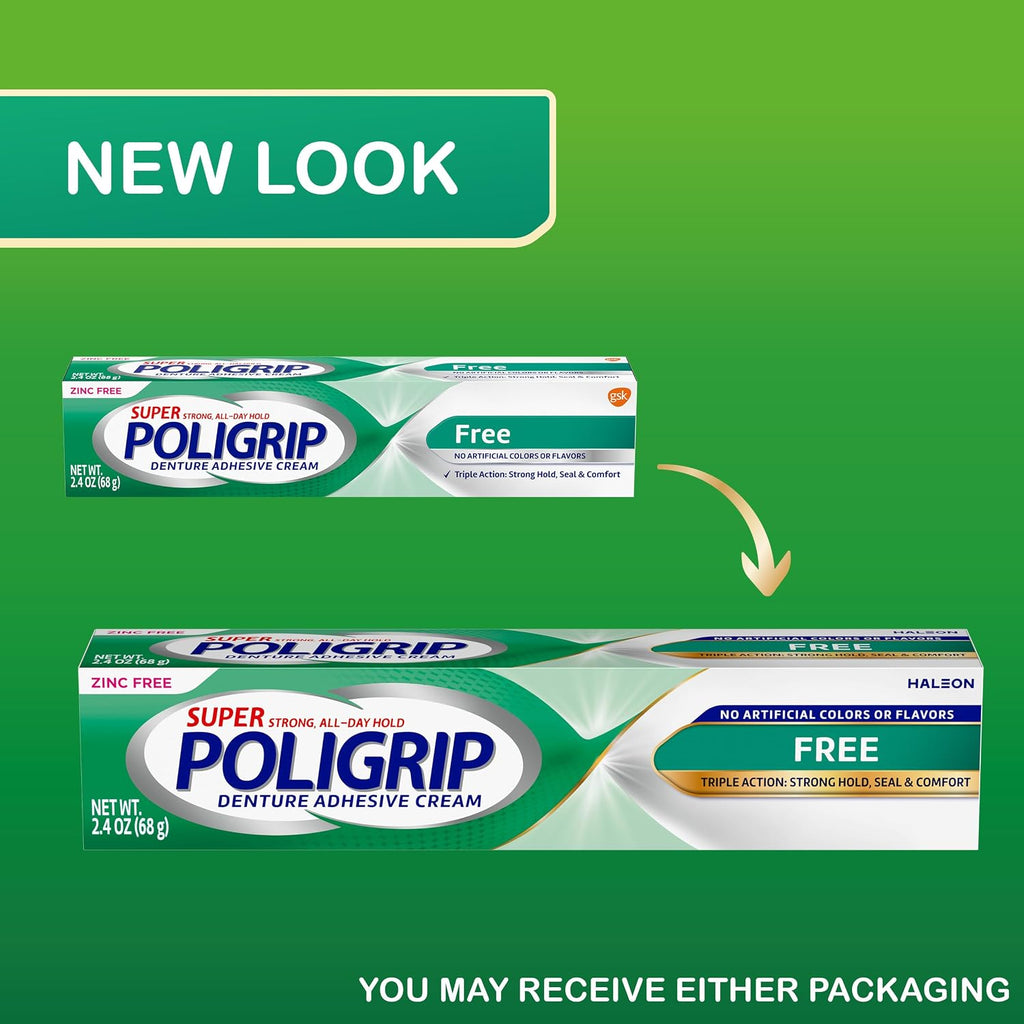 Poligrip Free Denture Adhesive Cream, Strong All Day Hold, Food Seal, Comfort, Clinically Proven, Flavor Free, Zinc Free, 2.4 Oz, 4 Count