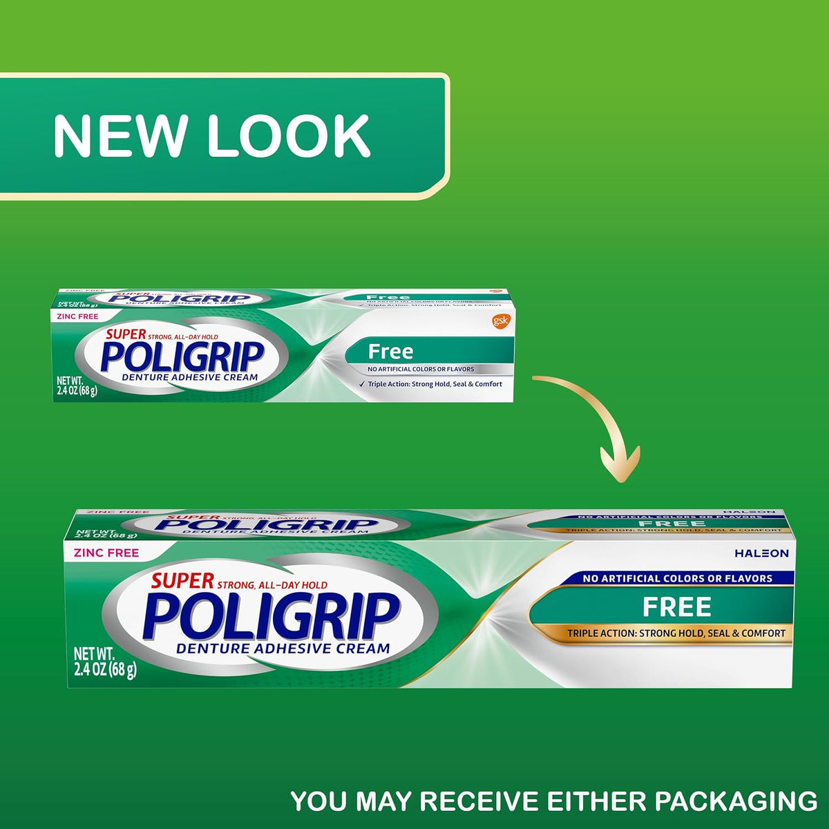 Poligrip Free Denture Adhesive Cream, Strong All Day Hold, Food Seal, Comfort, Clinically Proven, Flavor Free, Zinc Free, 2.4 Oz, 4 Count