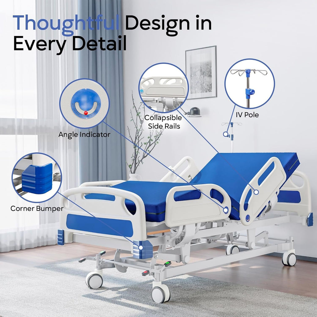Premium Full Electric Hospital Bed for Home Use, 5 Function Medical Bed with 4.7” Foam Mattress, Height Adjustable, Central Locking System, Includes Sheets (2X)