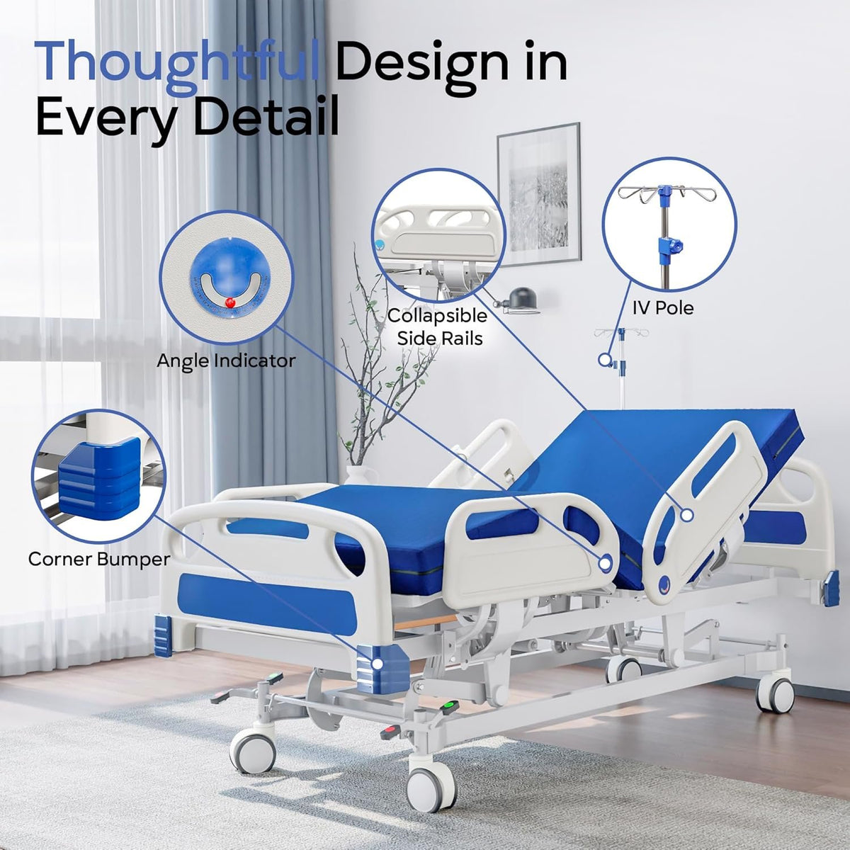 Premium Full Electric Hospital Bed for Home Use, 5 Function Medical Bed with 4.7” Foam Mattress, Height Adjustable, Central Locking System, Includes Sheets (2X)