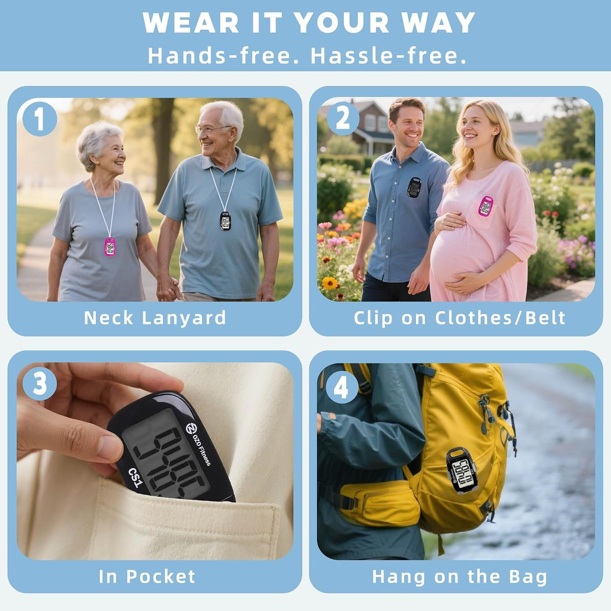 Clip-on 3D Pedometer for Walking Steps Counter with Lanyard, Simple Exercise Tracker for Women and Seniors with Large Accurate Digital Display, Portable Minimalist Sports Monitor