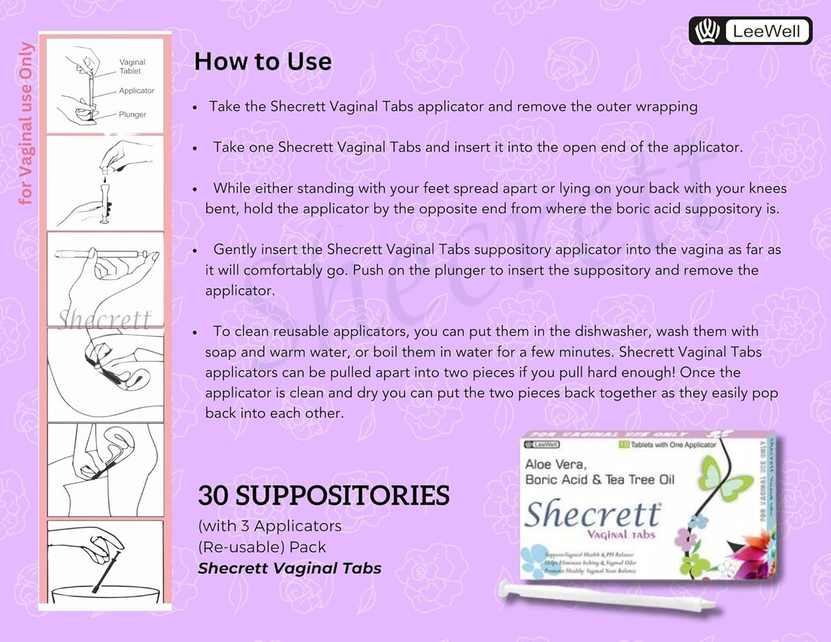 Vaginal Boric acid 600mg Suppositories for Women | Reduces Itching, Yeast infection, Burning, Odour, Balance pH | Tea Tree Oil, Aloe Vera | Natural Vaginal Probiotics | Ayurvedic White Discharge aid | Intimate Wash - 30 tablets +3 Applicators